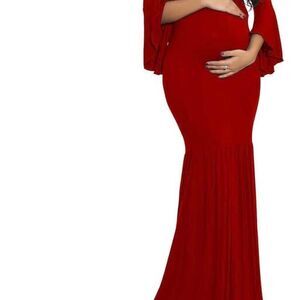 Maternity Chiffon Gown for Photoshoot Elegant Off Shoulder Flared Sleeve XL